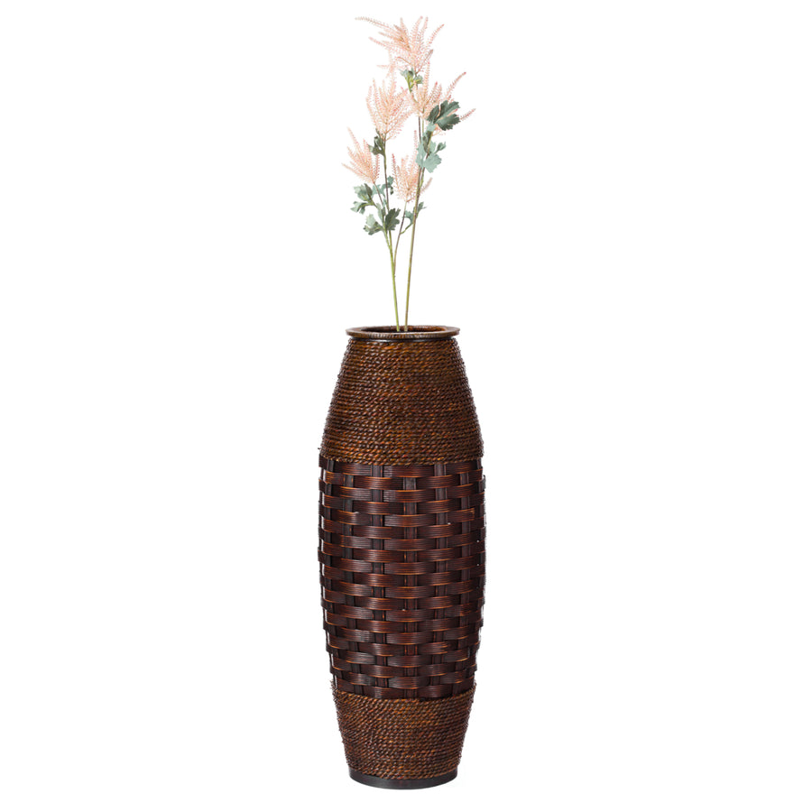 Antique Cylinder Style Floor Vase For Entryway or Living Room, Bamboo Rope, Brown 26" Tall Image 1