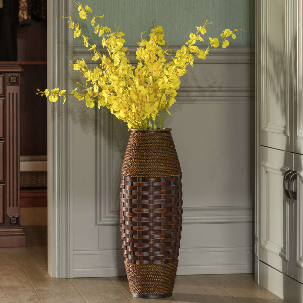 Antique Cylinder Style Floor Vase For Entryway or Living Room, Bamboo Rope, Brown 26" Tall Image 2