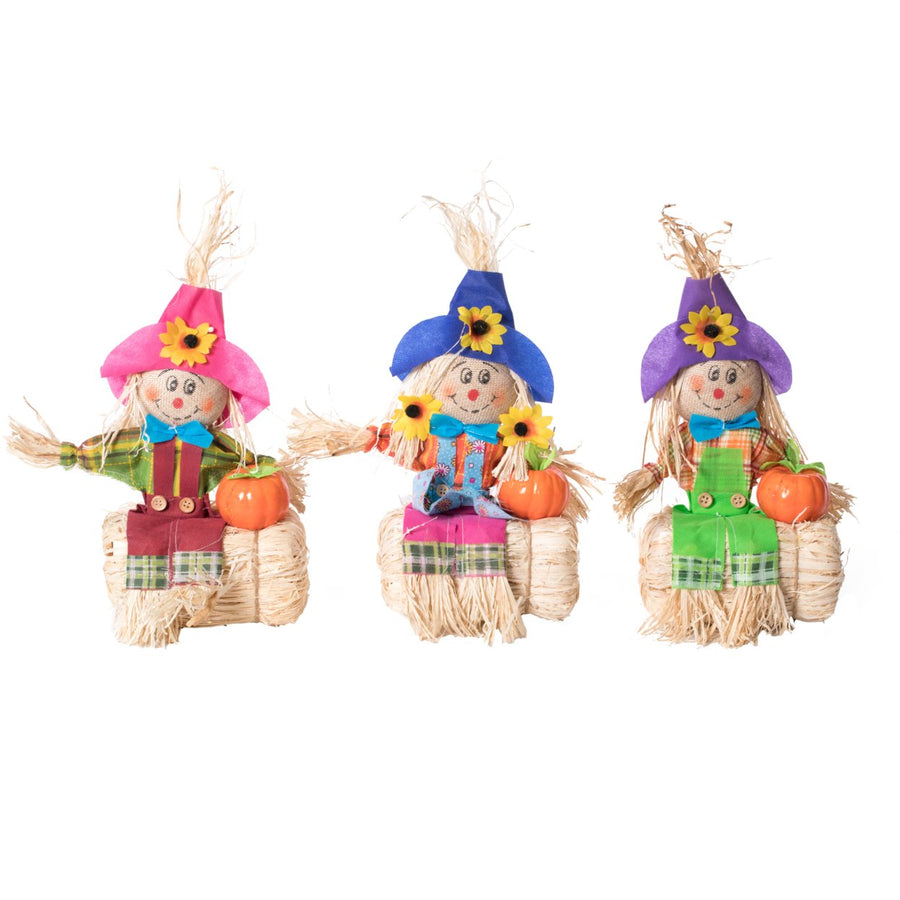 Outdoor  Halloween Scarecrow for Garden Ornament Sitting on Hay Bale, Straw Multicolor, Set of 3, 12 in. Image 1