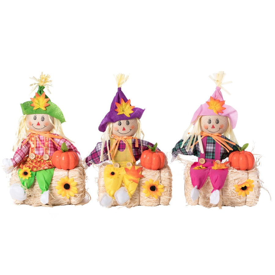 Outdoor  Halloween Scarecrow for Garden Ornament Sitting on Hay Bale, Straw Multicolor, Set of 3, 16 in. Image 1