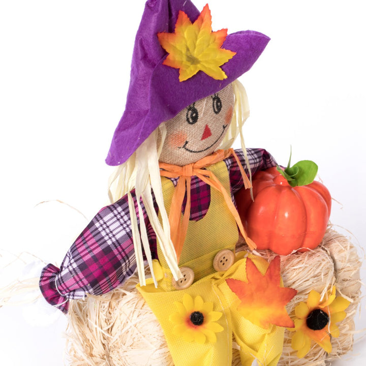 Outdoor  Halloween Scarecrow for Garden Ornament Sitting on Hay Bale, Straw Multicolor, Set of 3, 16 in. Image 4