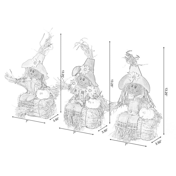 Outdoor  Halloween Scarecrow for Garden Ornament Sitting on Hay Bale, Straw Multicolor, Set of 3, 12 in. Image 6