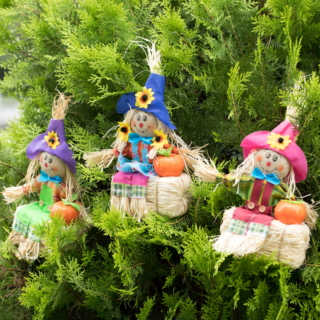 Outdoor  Halloween Scarecrow for Garden Ornament Sitting on Hay Bale, Straw Multicolor, Set of 3, 12 in. Image 11
