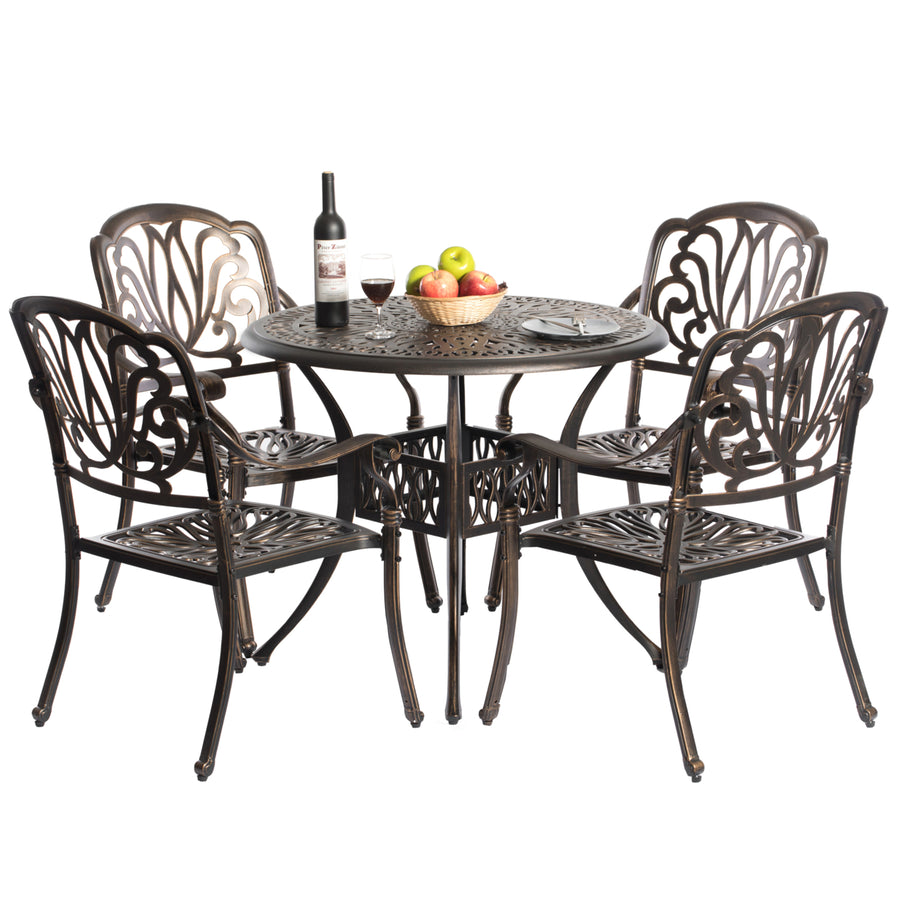 Indoor and Outdoor Bronze Dinning Set 4 Chairs with 1 Table Bistro Patio Cast Aluminum. Image 1