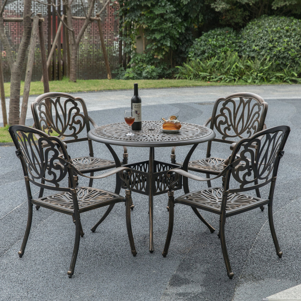 Indoor and Outdoor Bronze Dinning Set 4 Chairs with 1 Table Bistro Patio Cast Aluminum. Image 2
