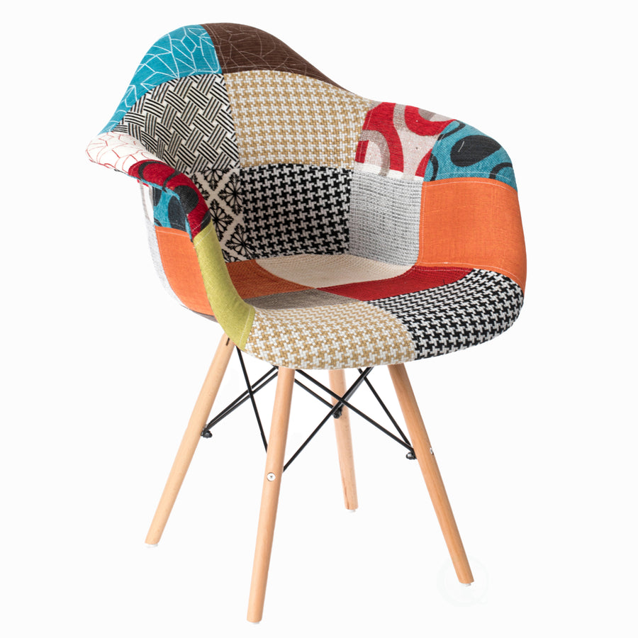 Mid-Century Modern Upholstered Plastic Multicolor Fabric Patchwork DAW Shell Dining Chair with Wooden Dowel Eiffel Legs Image 1