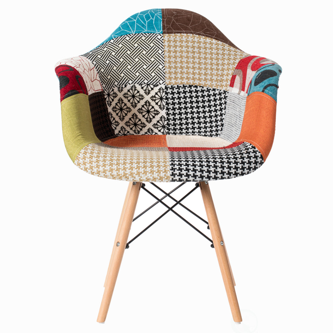 Mid-Century Modern Upholstered Plastic Multicolor Fabric Patchwork DAW Shell Dining Chair with Wooden Dowel Eiffel Legs Image 3