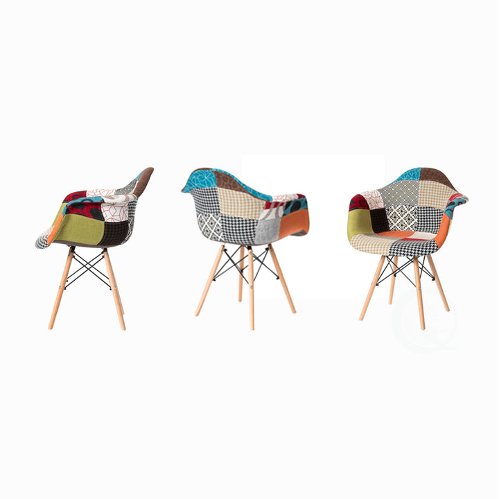 Mid-Century Modern Upholstered Plastic Multicolor Fabric Patchwork DAW Shell Dining Chair with Wooden Dowel Eiffel Legs Image 5