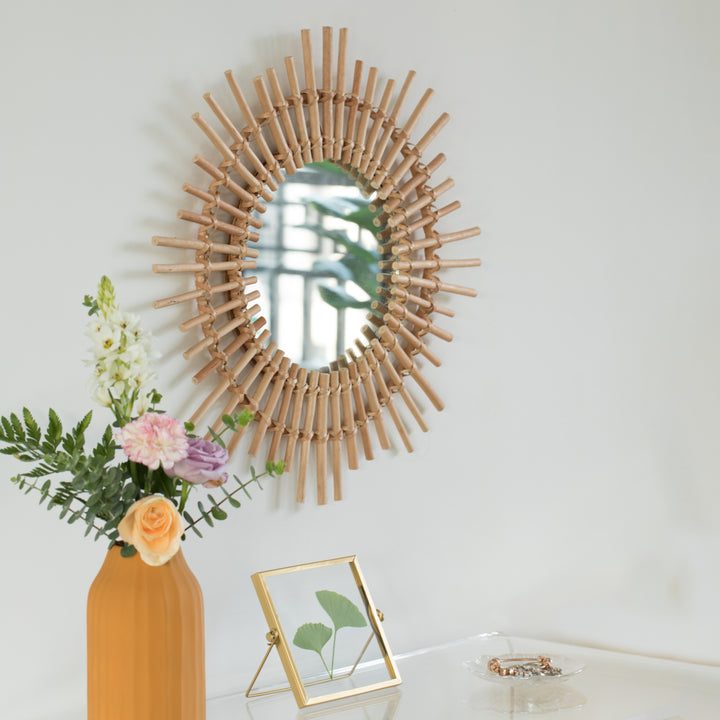 Sunburst Decorative Natural Rattan Wood Round Modern Boho Hanging Wall Mirror Image 3