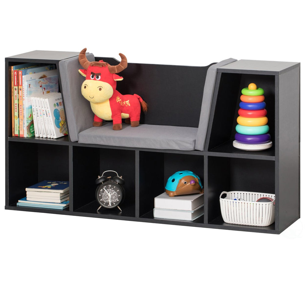 Modern Multi-Purpose Bookshelf with Storage Space and Gray Cushioned Reading Nook Image 2