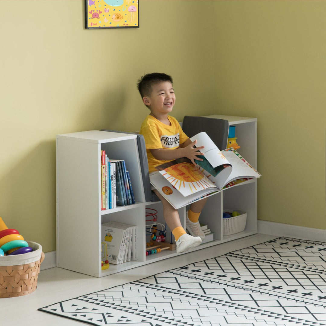 Modern Multi-Purpose Bookshelf with Storage Space and Gray Cushioned Reading Nook Image 3