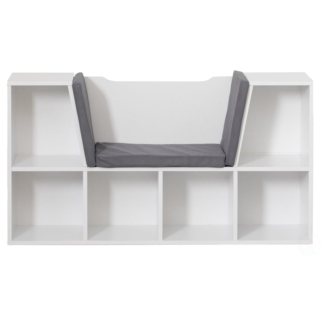 Modern Multi-Purpose Bookshelf with Storage Space and Gray Cushioned Reading Nook Image 5