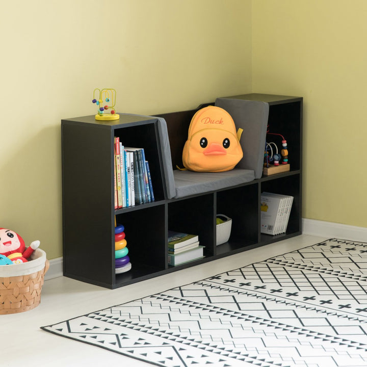 Modern Multi-Purpose Bookshelf with Storage Space and Gray Cushioned Reading Nook Image 6