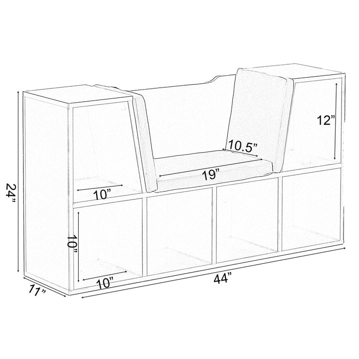 Modern Multi-Purpose Bookshelf with Storage Space and Gray Cushioned Reading Nook Image 7