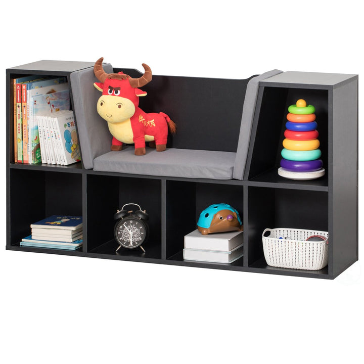 Modern Multi-Purpose Bookshelf with Storage Space and Gray Cushioned Reading Nook Image 1