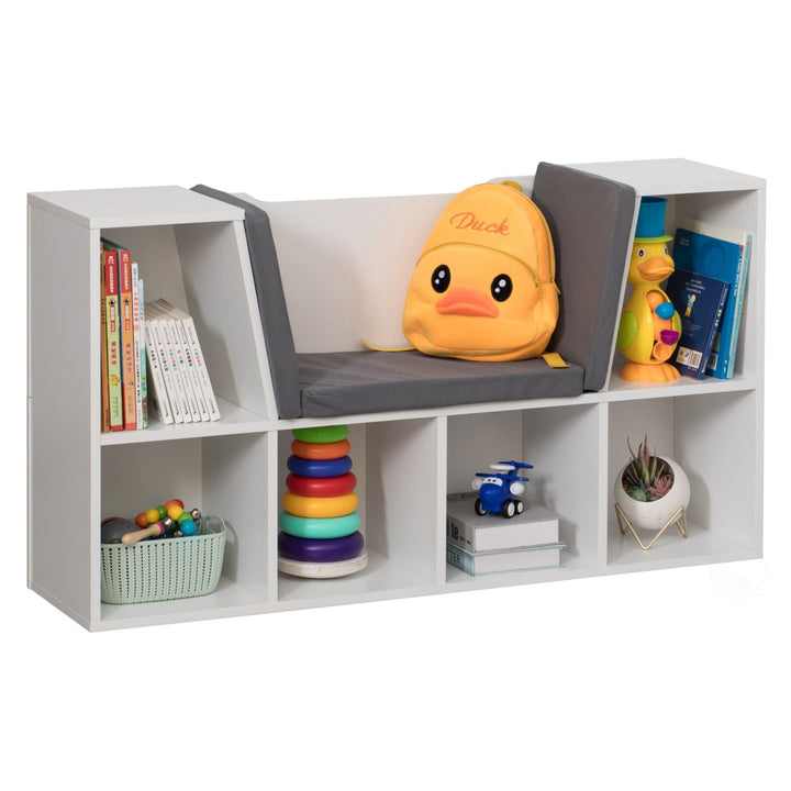 Modern Multi-Purpose Bookshelf with Storage Space and Gray Cushioned Reading Nook Image 9