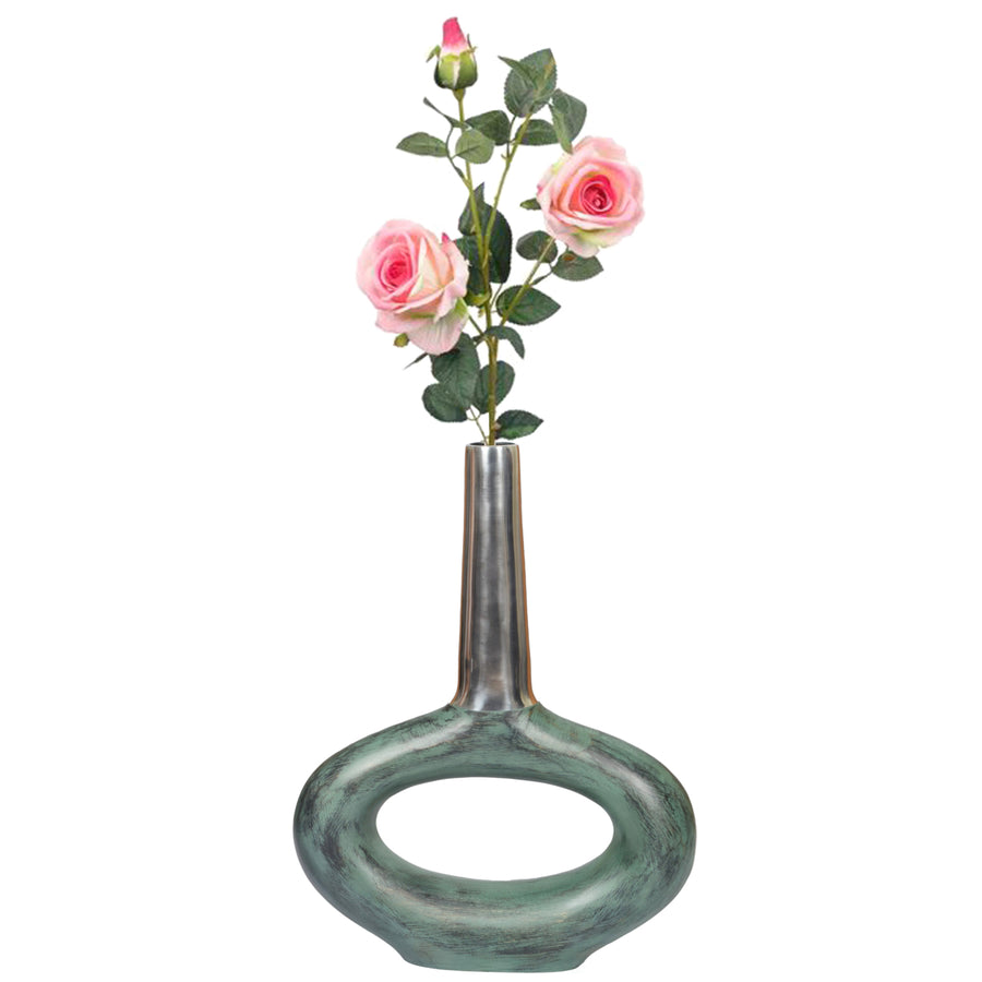 Decorative Antique Aluminium-Casted Table Centerpiece Flower Vase, Two Tone Patina Green 19.25 Inch Image 1