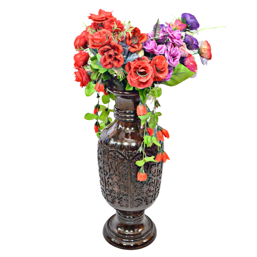 Antique Decorative Hand Curved Brown Mango Wood Table Flower Vase with Unique Textured Pattern, 24 Inch Image 1