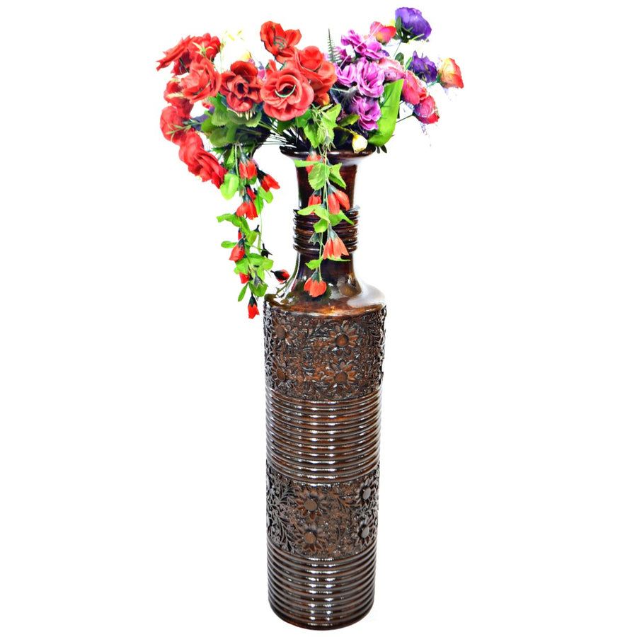 Antique Decorative Brown Hand Curved Mango Wood Floor Flower Vase with Unique Textured Pattern, 36 Inch Image 1