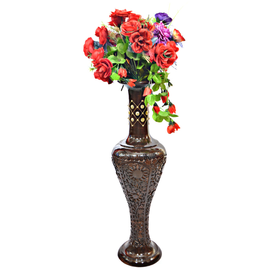 Antique Decorative Brown Hand Curved Mango Wood Floor Flower Vase with Unique Textured Pattern, 30 Inch Image 1