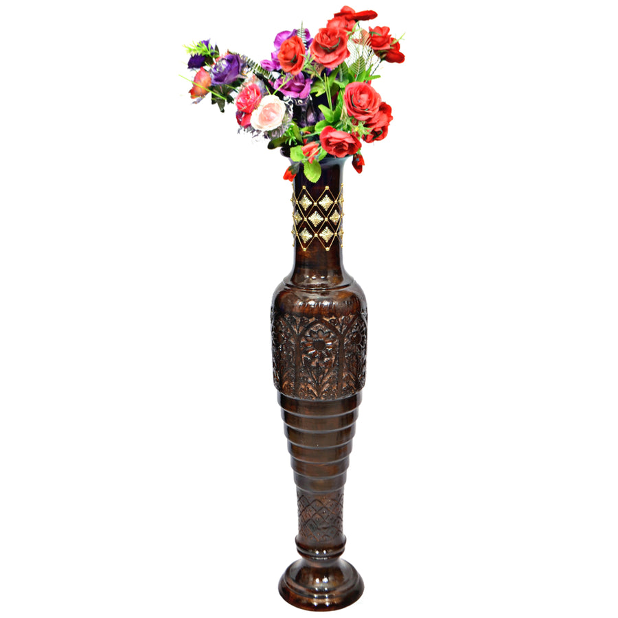 Antique Decorative Hand Curved Brown Mango Wood Floor Flower Vase with Unique Textured Pattern, 37 Inch Image 1