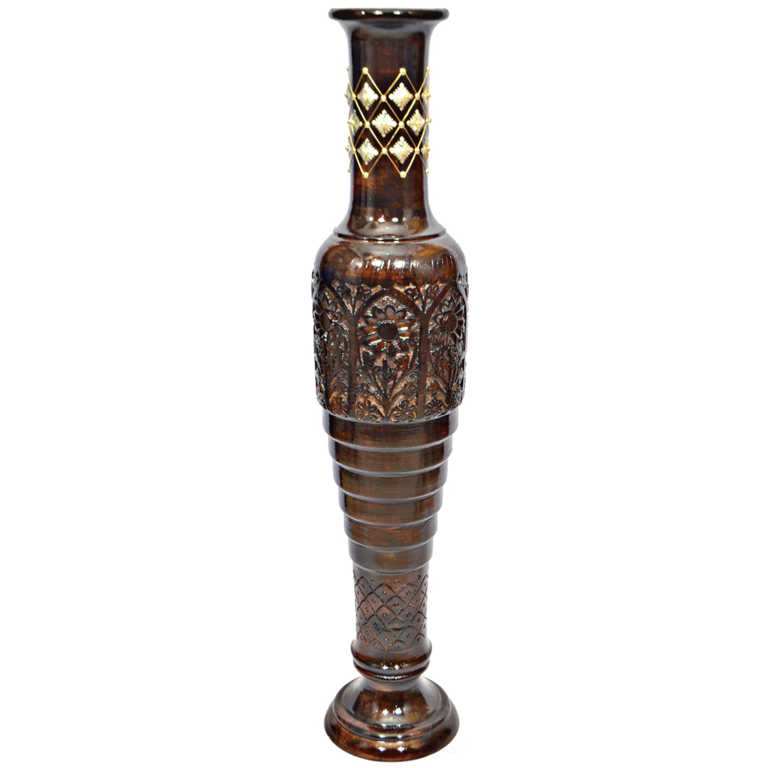 Antique Decorative Hand Curved Brown Mango Wood Floor Flower Vase with Unique Textured Pattern, 37 Inch Image 3