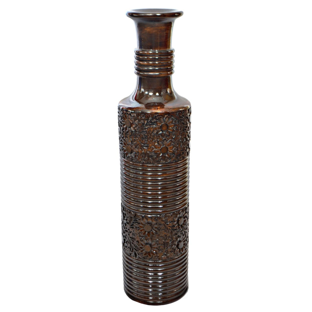 Antique Decorative Brown Hand Curved Mango Wood Floor Flower Vase with Unique Textured Pattern, 36 Inch Image 3
