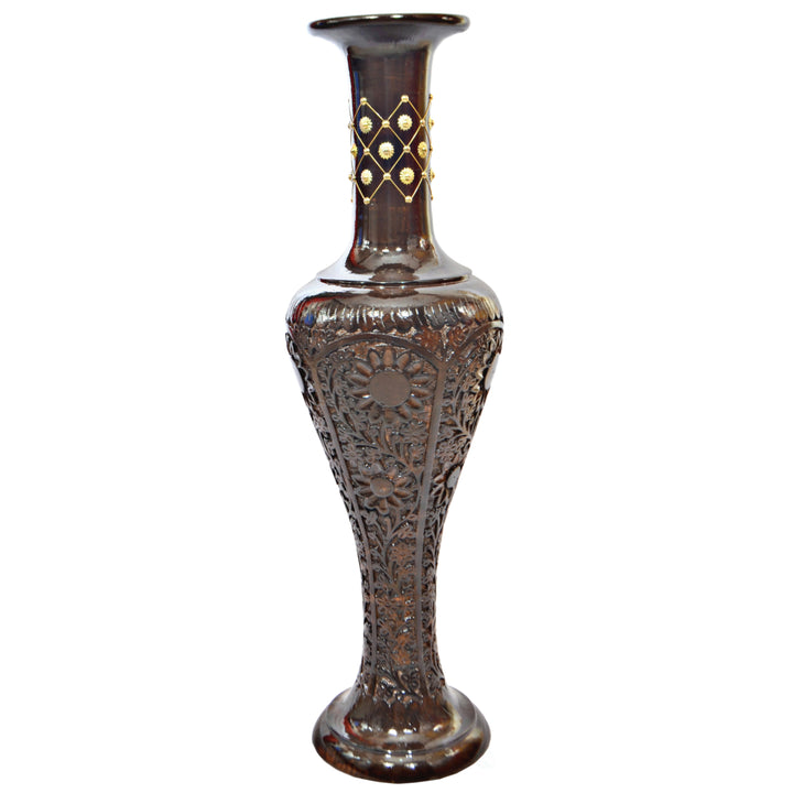 Antique Decorative Brown Hand Curved Mango Wood Floor Flower Vase with Unique Textured Pattern, 30 Inch Image 3