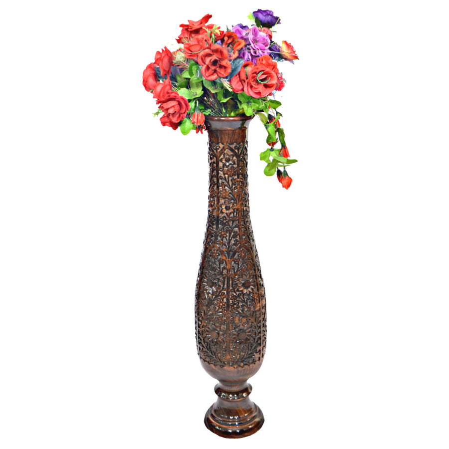Antique Decorative Hand Curved Brown Mango Wood Floor Flower Vase Trumpet Design with Unique Textured Pattern, 36 Inch Image 1