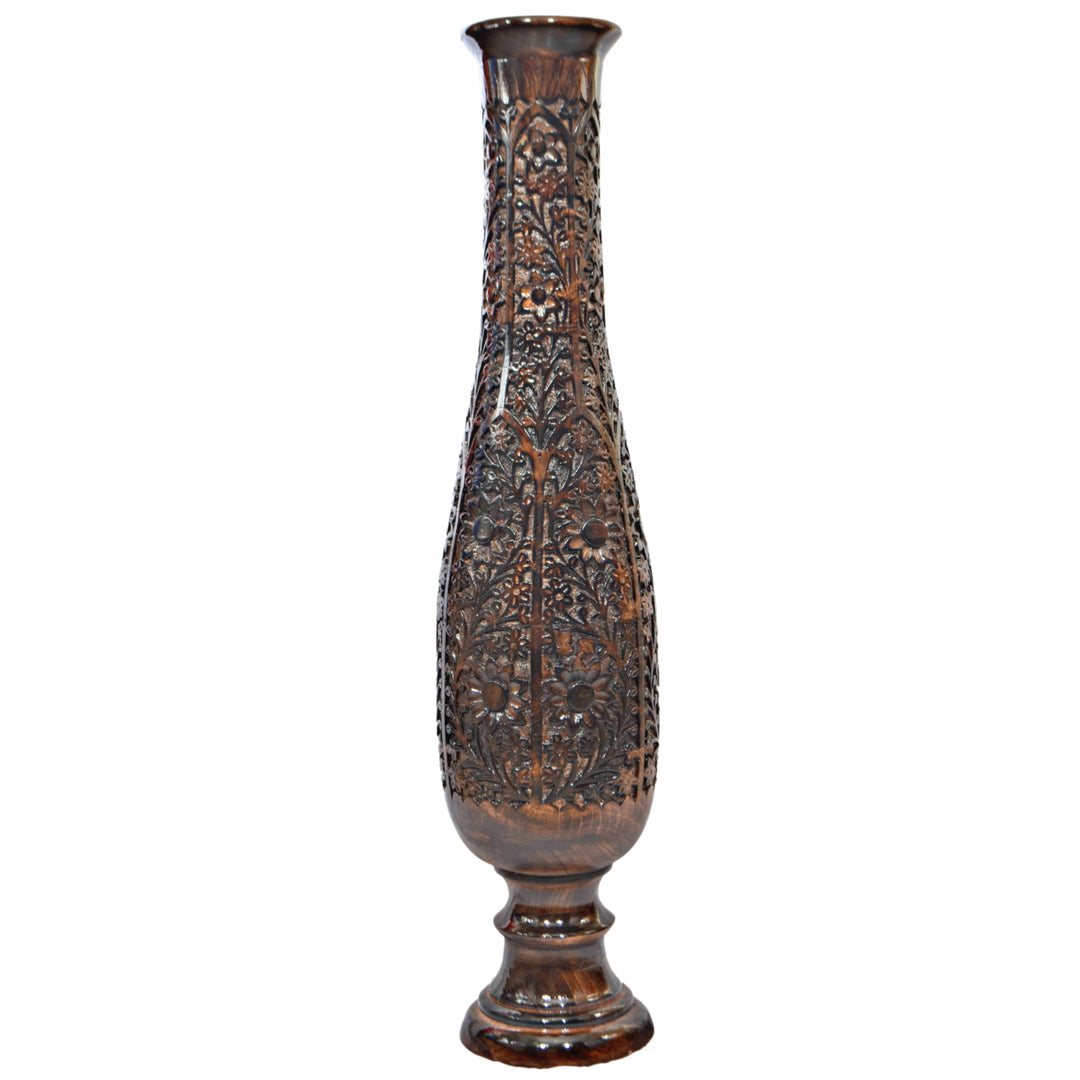 Antique Decorative Hand Curved Brown Mango Wood Floor Flower Vase Trumpet Design with Unique Textured Pattern, 36 Inch Image 3