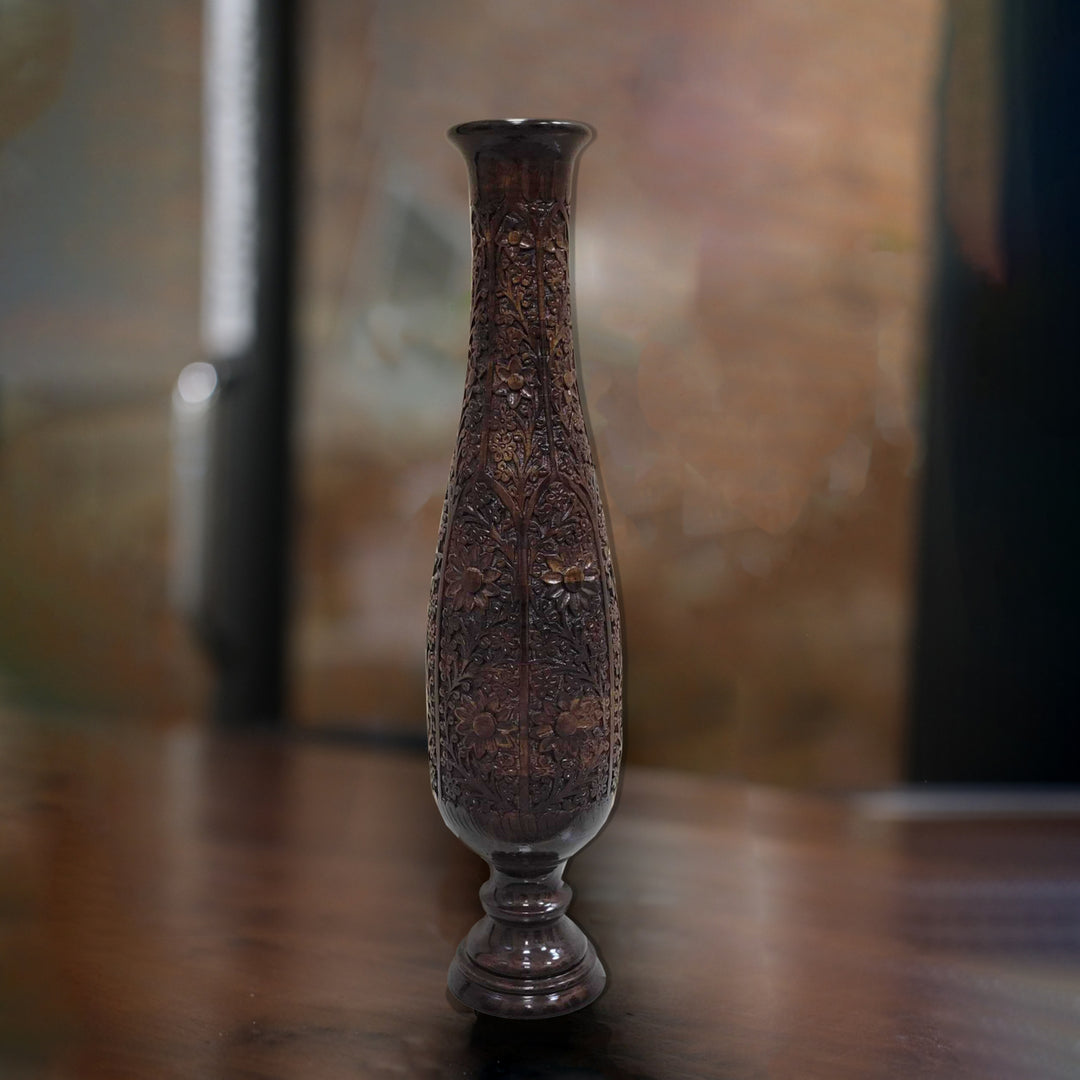 Antique Decorative Hand Curved Brown Mango Wood Floor Flower Vase Trumpet Design with Unique Textured Pattern, 36 Inch Image 5