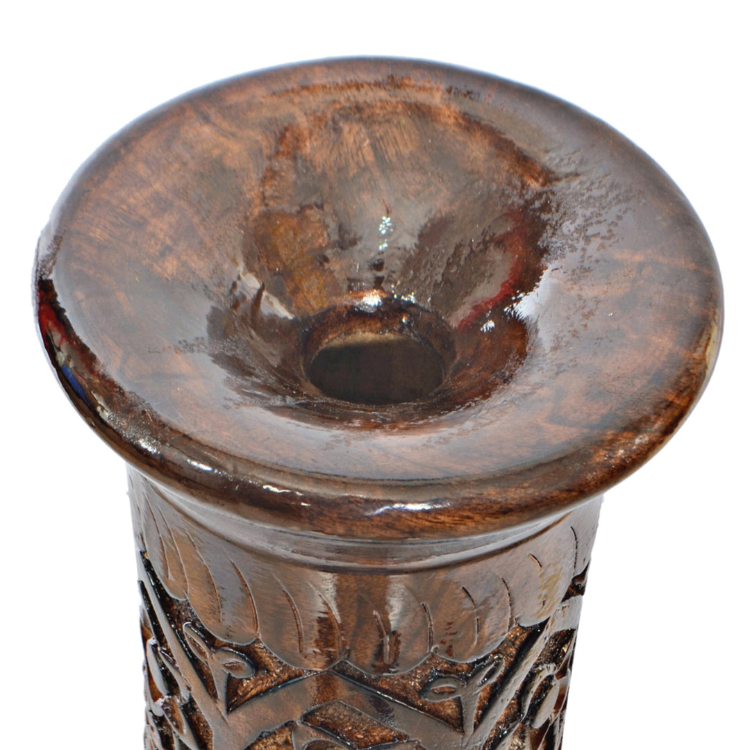 Antique Decorative Hand Curved Brown Mango Wood Floor Flower Vase Trumpet Design with Unique Textured Pattern, 36 Inch Image 6