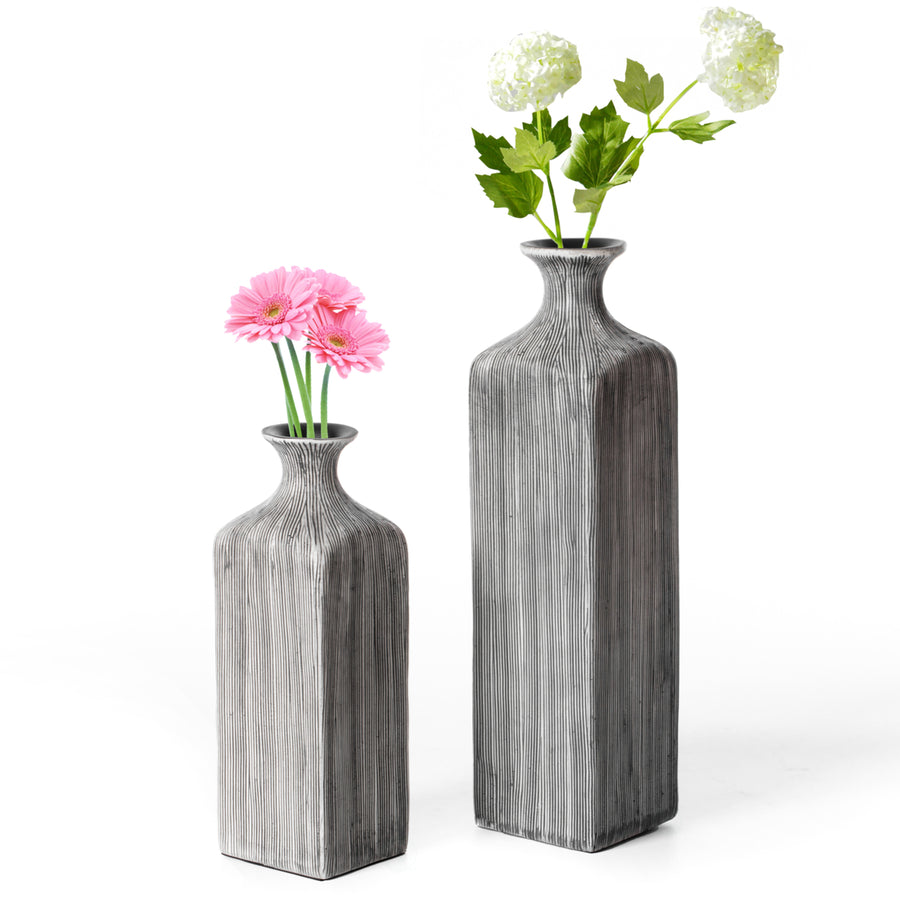 Grey Striped Decorative Square Table Centerpiece Flower Vase Display Modern  Accent Stylish Elegant Ornamental Accessory Image 1