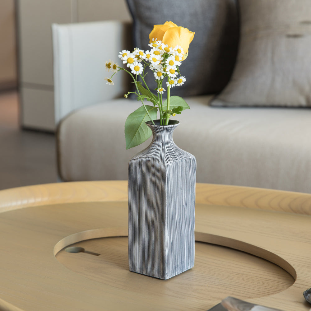 Grey Striped Decorative Square Table Centerpiece Flower Vase Display Modern  Accent Stylish Elegant Ornamental Accessory Image 2