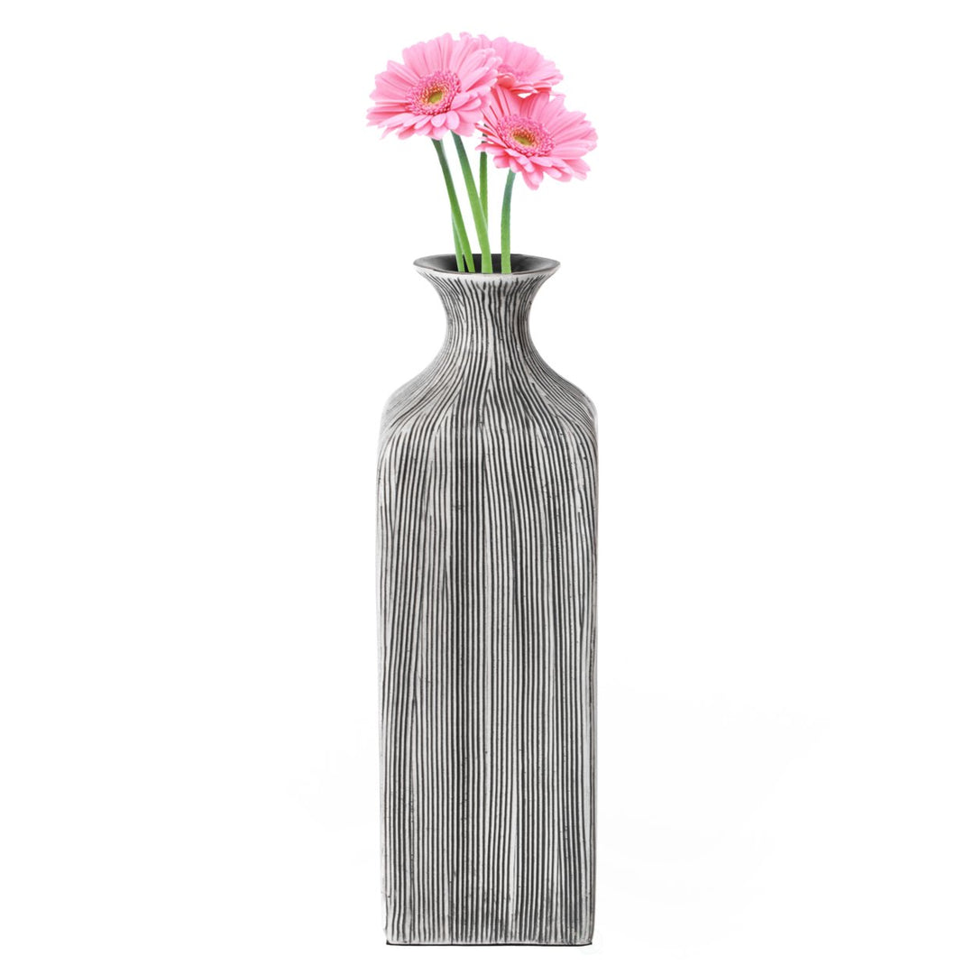 Grey Striped Decorative Square Table Centerpiece Flower Vase Display Modern  Accent Stylish Elegant Ornamental Accessory Image 1