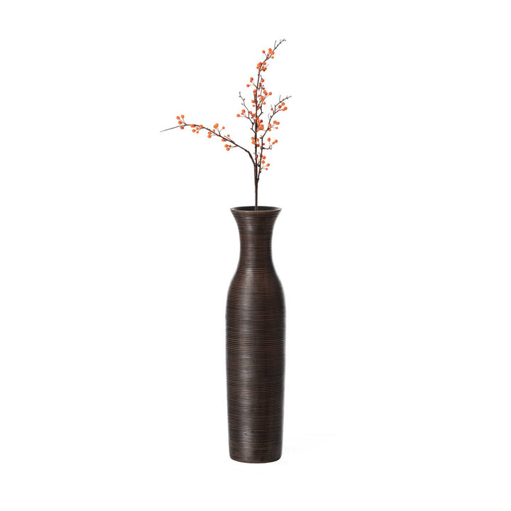 Tall Decorative Modern Ribbed Trumpet Design Brown Floor Vase - Contemporary , Stylish Accent Piece for Living Room, Image 1