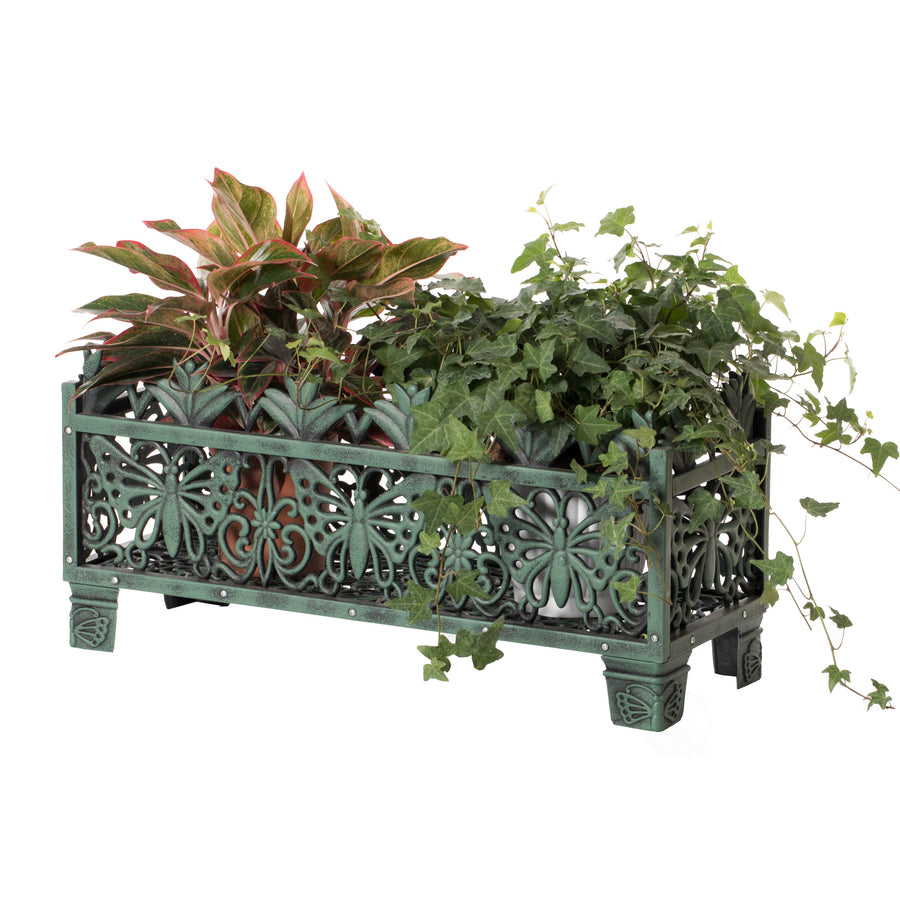 Outdoor Living Butterfly Rectangle Plant Stand, Flower Planting Pot, Antique Green Image 1
