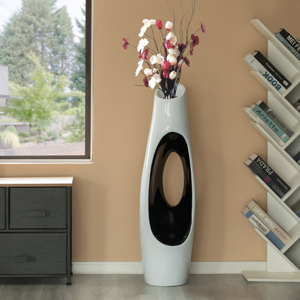 Modern Unique Design White Floor Flower Vase with Black Interior, for Living Room, Entryway or Dining Room, 43 inch Image 2