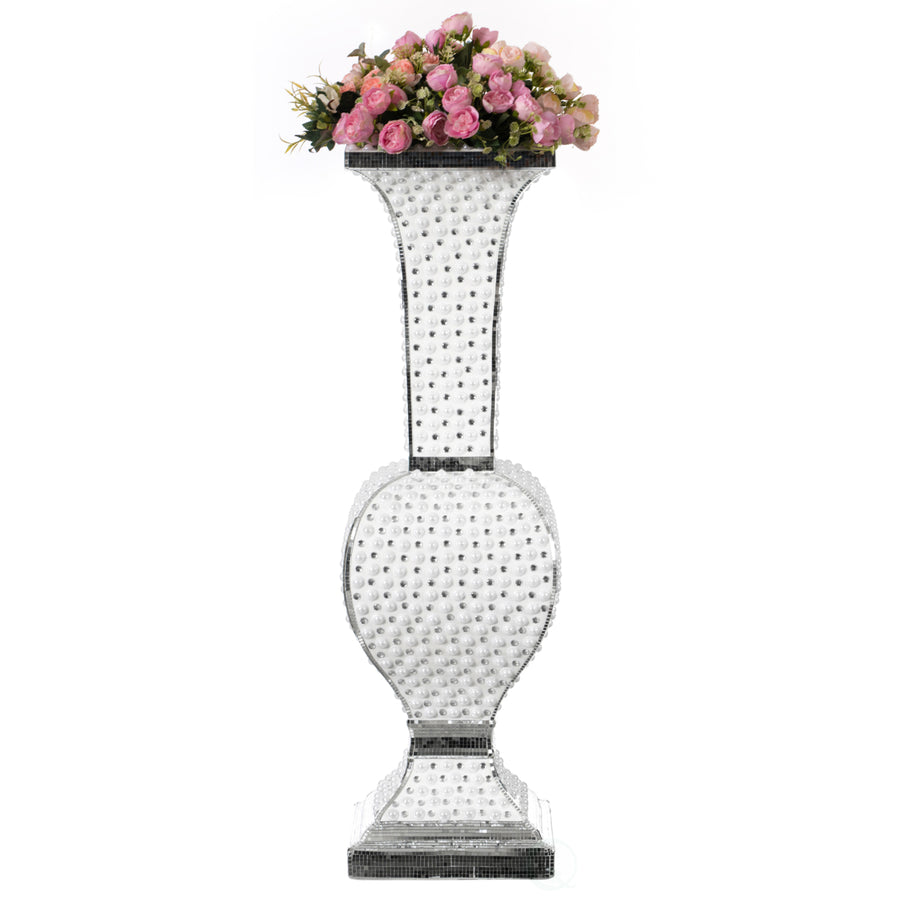 Decorative Trumpet Floor Vase, Silver Studs, White Pearl Design, 40 Inch, Tall Centerpiece, Living Room, Entryway, Image 1