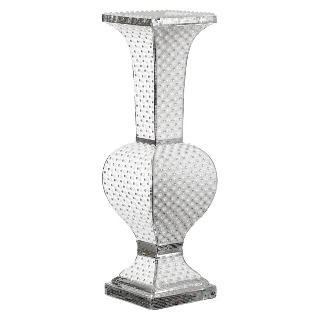 Decorative Trumpet Floor Vase, Silver Studs, White Pearl Design, 40 Inch, Tall Centerpiece, Living Room, Entryway, Image 3