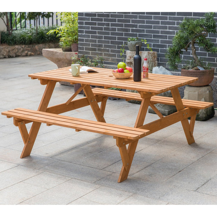 Outdoor Wooden Patio Deck Garden 6-Person Picnic Table, for Backyard, Garden Image 4
