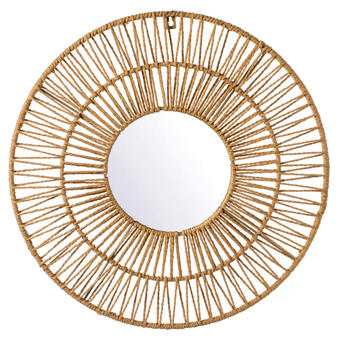 Decorative Woven Paper Rope Round Shape Bamboo Wood Modern Hanging Wall Mirror Image 1
