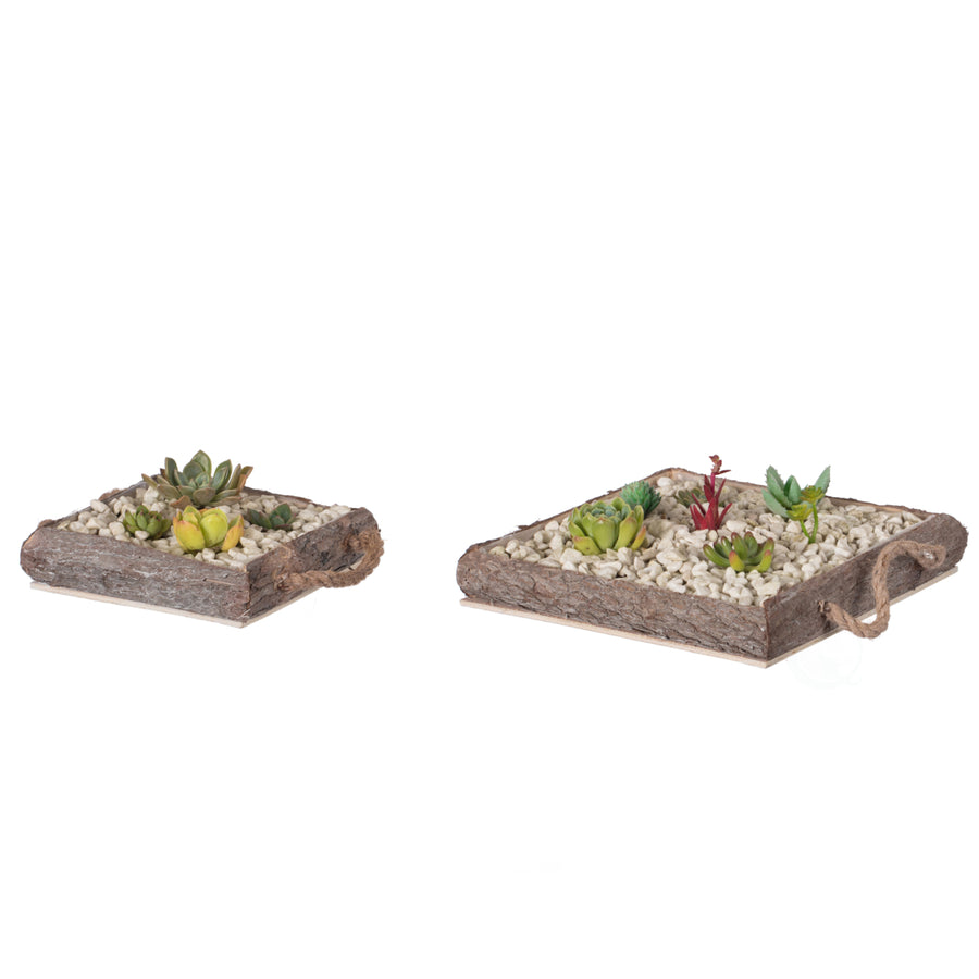 Indoor and Outdoor Set of 2 Brown Vintage Bark Square Wooden Mini Flowerpot Planter Image 1