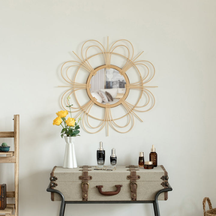 Decorative Flower Shape Woven Rattan Wood Round Modern Hanging Wall Mirror Image 2