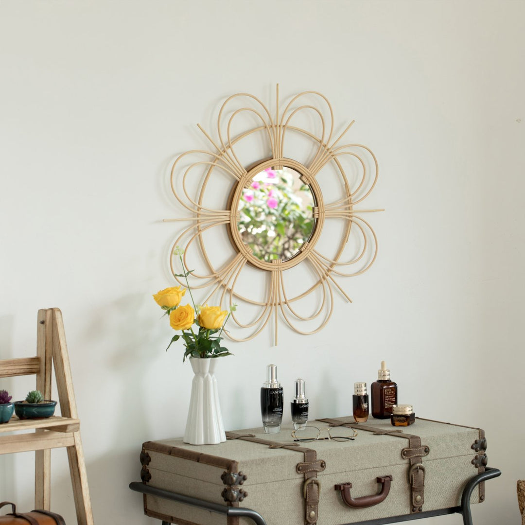 Decorative Flower Shape Woven Rattan Wood Round Modern Hanging Wall Mirror Image 3