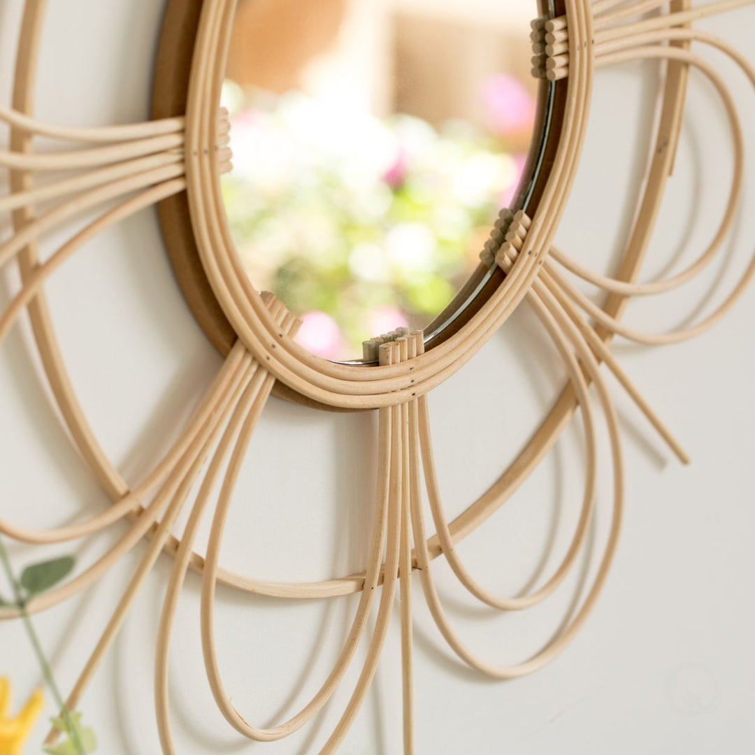 Decorative Flower Shape Woven Rattan Wood Round Modern Hanging Wall Mirror Image 5