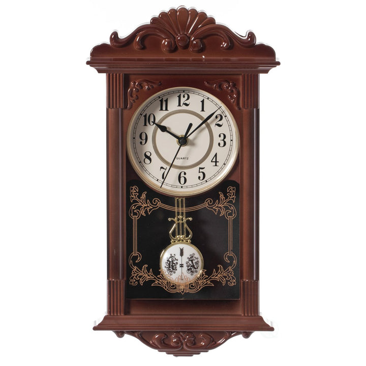 Vintage Grandfather Wood- Looking Plastic Pendulum Wall Clock for Living Room, Kitchen, or Dining Room Image 2