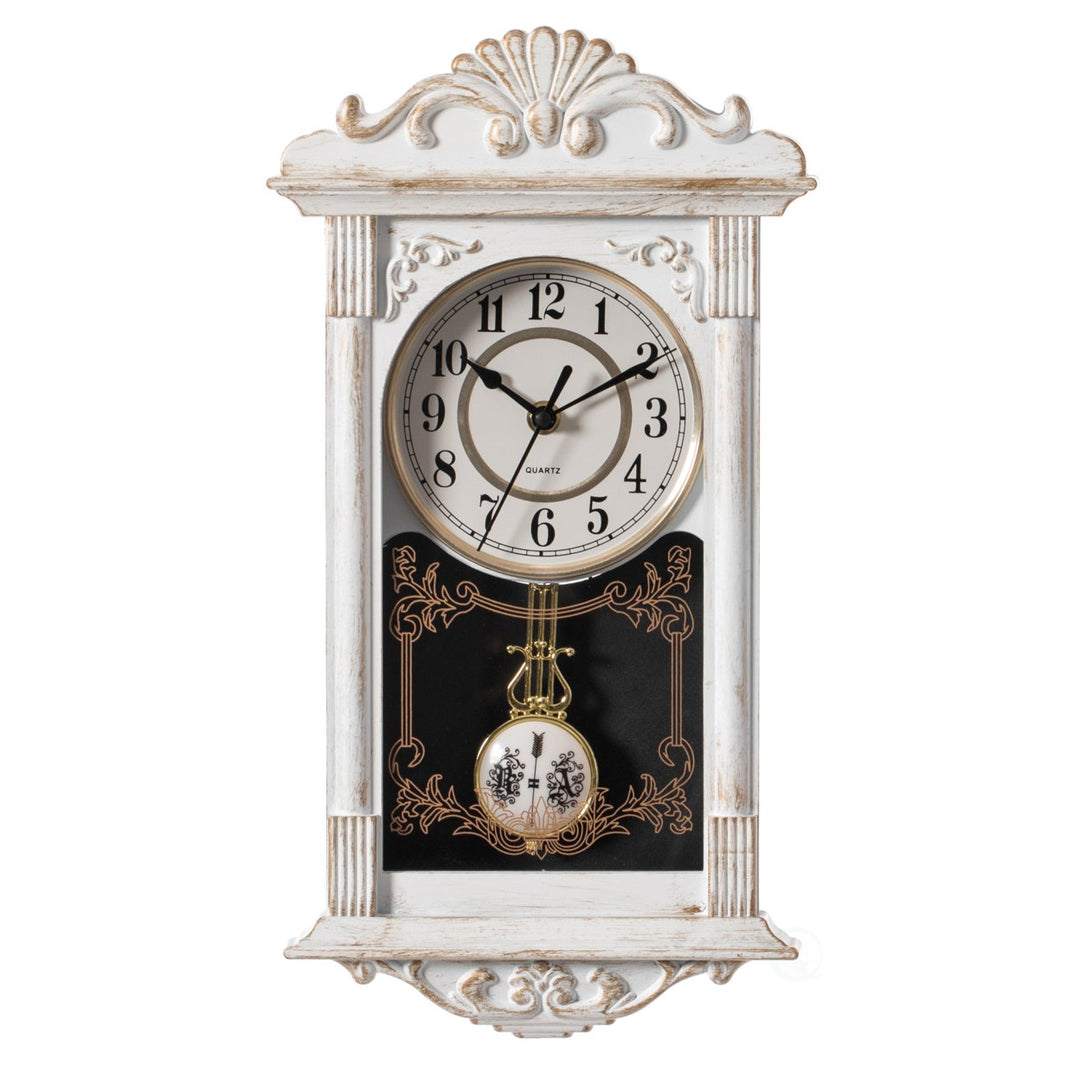 Vintage Grandfather Wood- Looking Plastic Pendulum Wall Clock for Living Room, Kitchen, or Dining Room Image 1