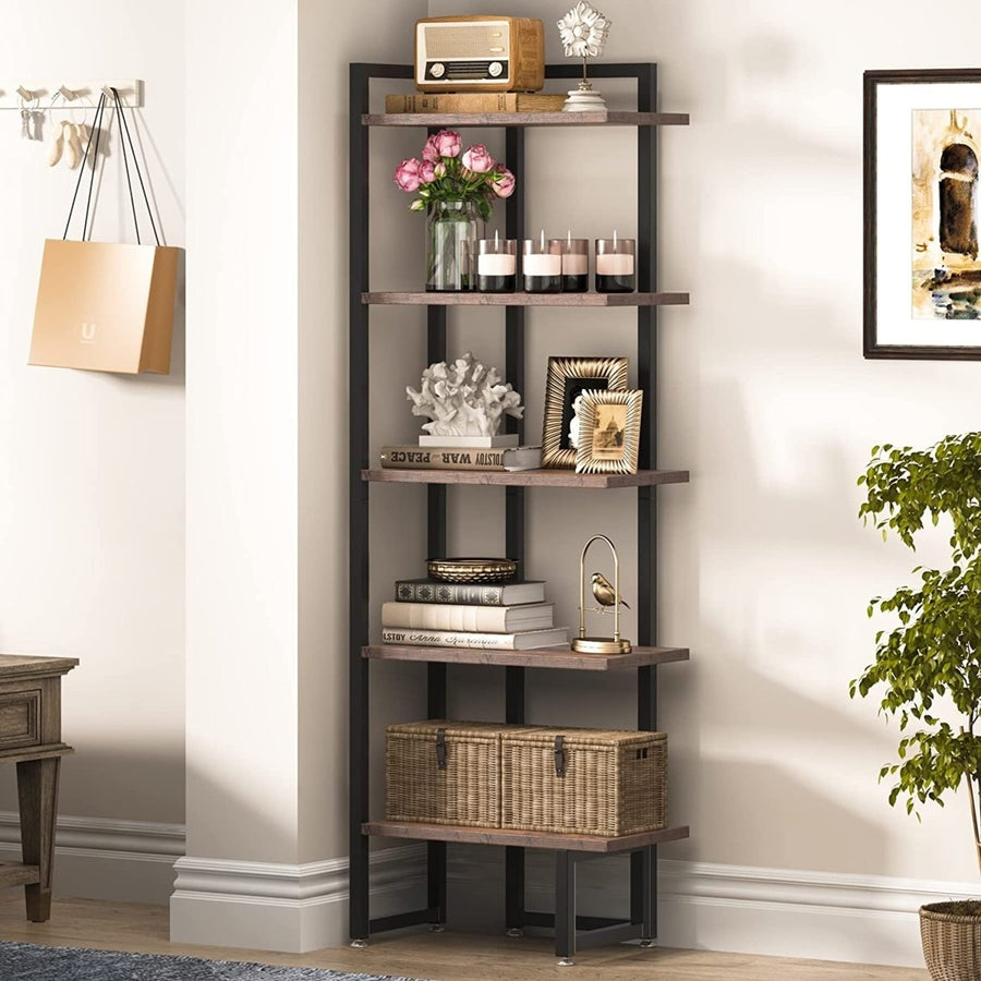 Corner Shelf, Tribesigns Industrial 5 Tier Wood Wall Corner Bookshelf with Anti-Slip Pad Image 1