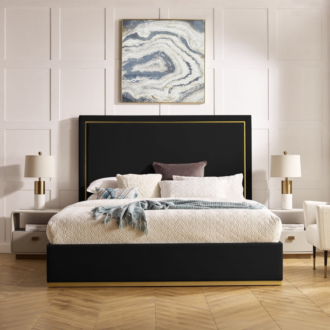 May Bed-Upholstered-Powder Coated Gold Frame and Base-Slats Included Image 1